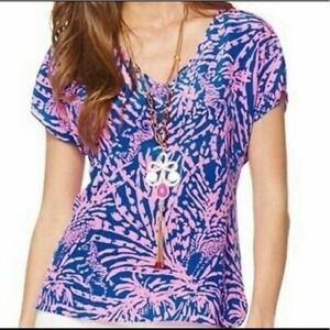 Lilly Pulitzer Top, Size L, Blue & Pink‎ Print, V-Neck, Short Sleeve